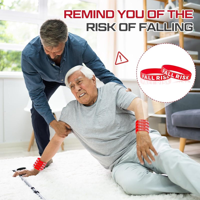 Sumind 12 Pcs Fall Risk Bracelet Emergency Alert Wristband for Elderly Patient Wristbands Fall Risk Silicone Rubber Bracelets for Men Women Old People Gifts(Red) - Image 2